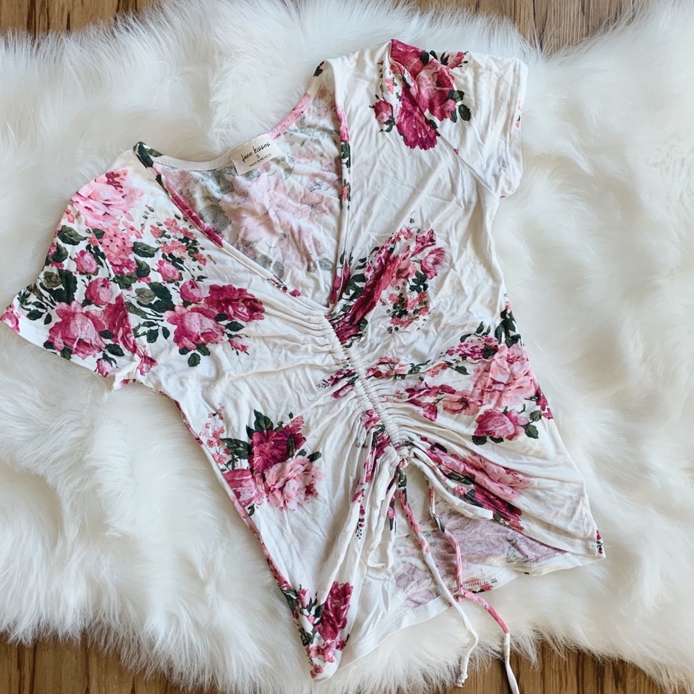 Floral Ruched Tie Front Top